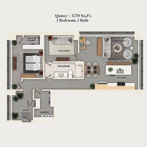 Rendering of the A21 - Quincy, Den floor plan with 1 bedroom[s] and 1 bathroom[s] at Mercantile