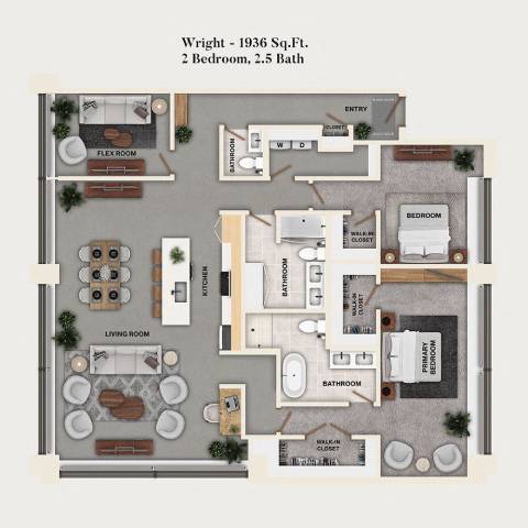 Rendering of the D2PH - Wright, Den floor plan with 2 bedroom[s] and 2.5 bathroom[s] at Mercantile