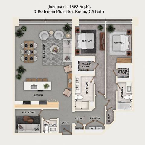 Rendering of the C4PH - Jacobsen, Den floor plan with 2 bedroom[s] and 2.5 bathroom[s] at Mercantile