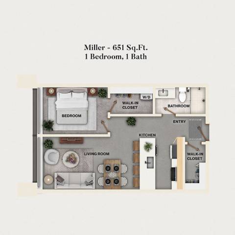 Rendering of the A05 - Miller floor plan with 1 bedroom[s] and 1 bathroom[s] at Mercantile