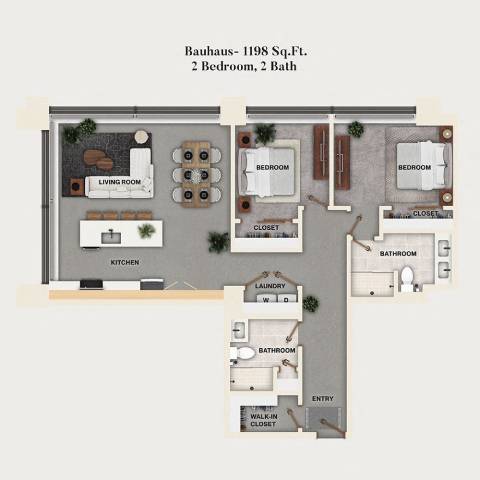 Rendering of the C1 - Bauhaus floor plan with 2 bedroom[s] and 2 bathroom[s] at Mercantile