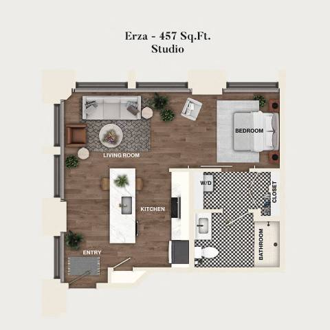 Rendering of the S02 - Ezra floor plan with a Studio bedroom and 1 bathroom[s] at Mercantile