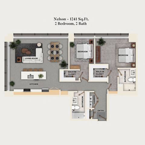 Rendering of the C2 - Nelson floor plan with 2 bedroom[s] and 2 bathroom[s] at Mercantile