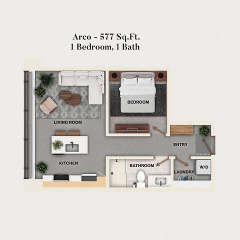 Rendering of the A02 - Arco floor plan with 1 bedroom[s] and 1 bathroom[s] at Mercantile