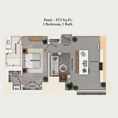 Rendering of the A01 - Ponti floor plan with 1 bedroom[s] and 1 bathroom[s] at Mercantile