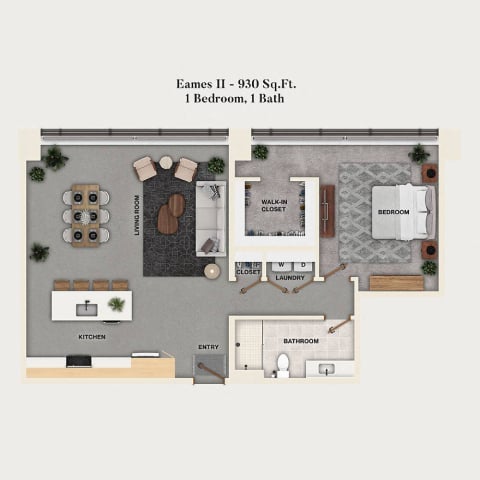 Rendering of the A17 - Eames II floor plan with 1 bedroom[s] and 1 bathroom[s] at Mercantile
