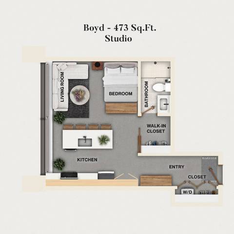 Rendering of the S03 - Boyd floor plan with a Studio bedroom and 1 bathroom[s] at Mercantile