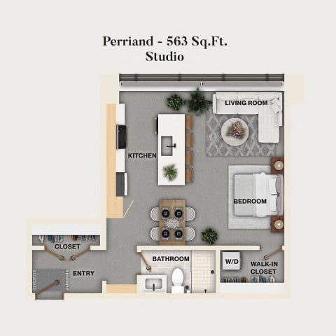 Rendering of the S10 - Perriand floor plan with a Studio bedroom and 1 bathroom[s] at Mercantile
