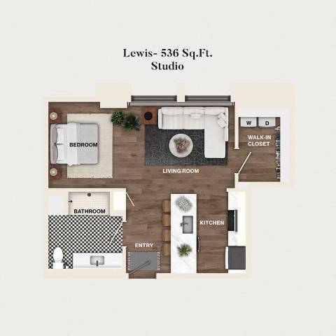 Rendering of the S08 - Lewis floor plan with a Studio bedroom and 1 bathroom[s] at Mercantile