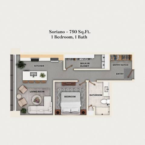 Rendering of the A10 - Soriano floor plan with 1 bedroom[s] and 1 bathroom[s] at Mercantile