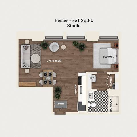 Rendering of the S09 - Homer floor plan with a Studio bedroom and 1 bathroom[s] at Mercantile