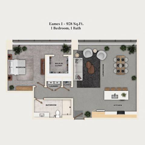 Rendering of the A16 - Eames I floor plan with 1 bedroom[s] and 1 bathroom[s] at Mercantile