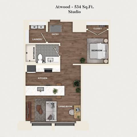 Rendering of the S07 - Atwood floor plan with a Studio bedroom and 1 bathroom[s] at Mercantile