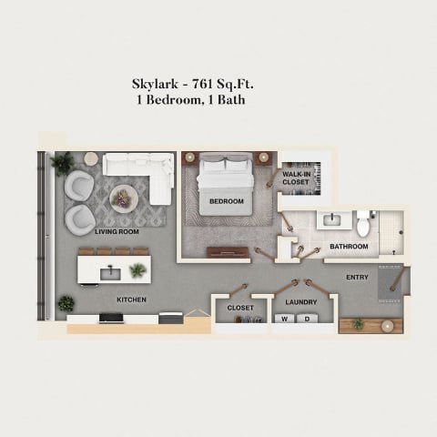 Rendering of the A11 - Skylark floor plan with 1 bedroom[s] and 1 bathroom[s] at Mercantile