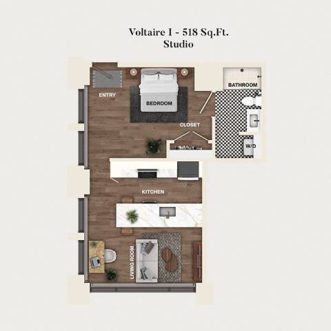 Rendering of the S05 - Voltaire I floor plan with a Studio bedroom and 1 bathroom[s] at Mercantile