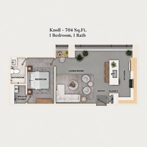 Rendering of the A07 - Knoll floor plan with 1 bedroom[s] and 1 bathroom[s] at Mercantile