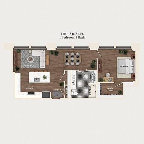 Rendering of the A15 - Taft floor plan with 1 bedroom[s] and 1 bathroom[s] at Mercantile