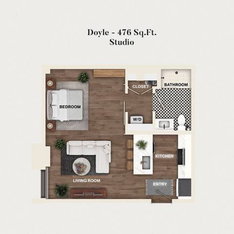 Rendering of the S04 - Doyle floor plan with a Studio bedroom and 1 bathroom[s] at Mercantile