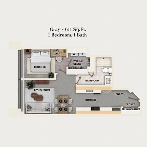 Rendering of the A03 - Gray floor plan with 1 bedroom[s] and 1 bathroom[s] at Mercantile