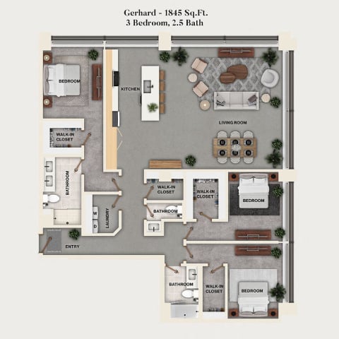 Rendering of the D1PH - Gerhard floor plan with 3 bedroom[s] and 2.5 bathroom[s] at Mercantile