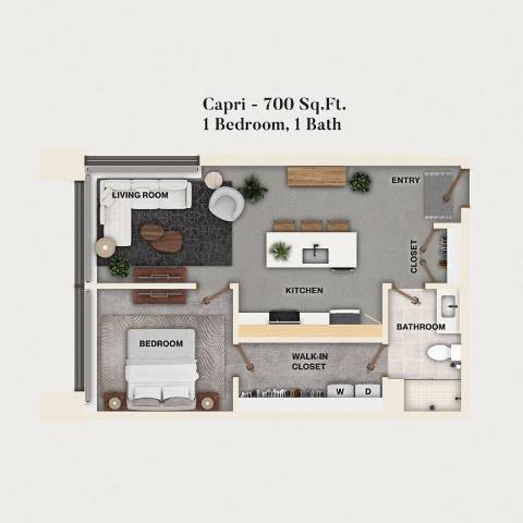 Rendering of the A06 - Capri floor plan with 1 bedroom[s] and 1 bathroom[s] at Mercantile