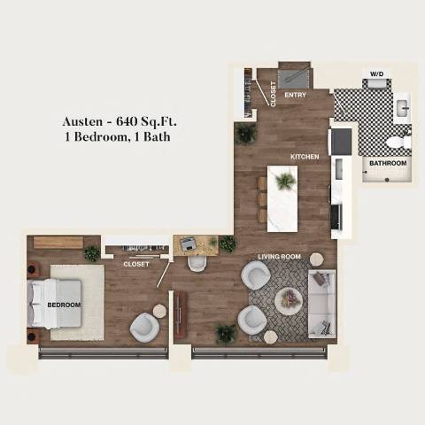 Rendering of the A04 - Austen floor plan with 1 bedroom[s] and 1 bathroom[s] at Mercantile