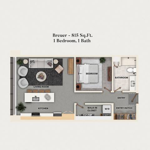 Rendering of the A14 - Breuer floor plan with 1 bedroom[s] and 1 bathroom[s] at Mercantile