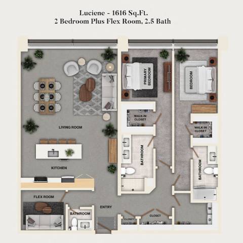 Rendering of the C5PH - Lucienne, Den floor plan with 2 bedroom[s] and 2.5 bathroom[s] at Mercantile