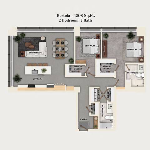 Rendering of the C3 - Bertoia floor plan with 2 bedroom[s] and 2 bathroom[s] at Mercantile