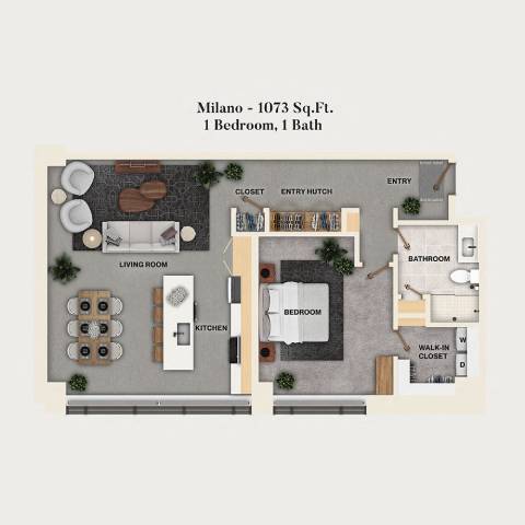 Rendering of the A19 - Milano floor plan with 1 bedroom[s] and 1 bathroom[s] at Mercantile