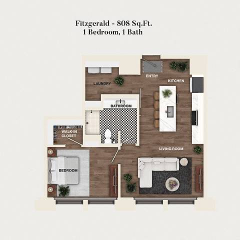 Rendering of the A13 - Fitzgerald floor plan with 1 bedroom[s] and 1 bathroom[s] at Mercantile