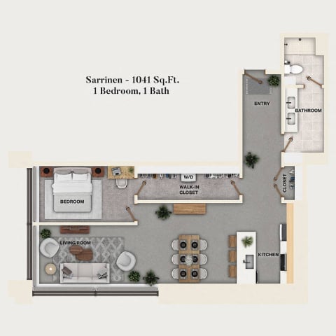 Rendering of the A18 - Saarinen floor plan with 1 bedroom[s] and 1 bathroom[s] at Mercantile