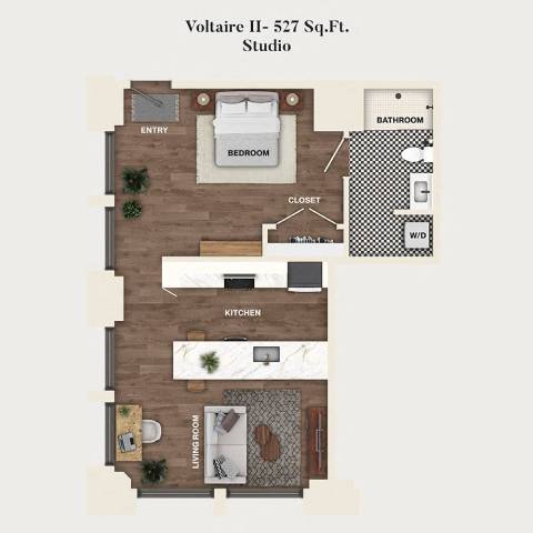 Rendering of the S06 - Voltaire II floor plan with a Studio bedroom and 1 bathroom[s] at Mercantile