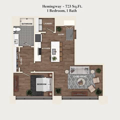Rendering of the A08 - Hemingway floor plan with 1 bedroom[s] and 1 bathroom[s] at Mercantile